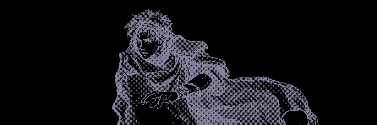 Dithered artwork of a mage running to the left,
        possibly casting a spell; FE8 playable character Saleh